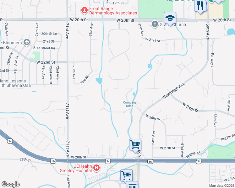 map of restaurants, bars, coffee shops, grocery stores, and more near 6524 West 24th Street Road in Greeley