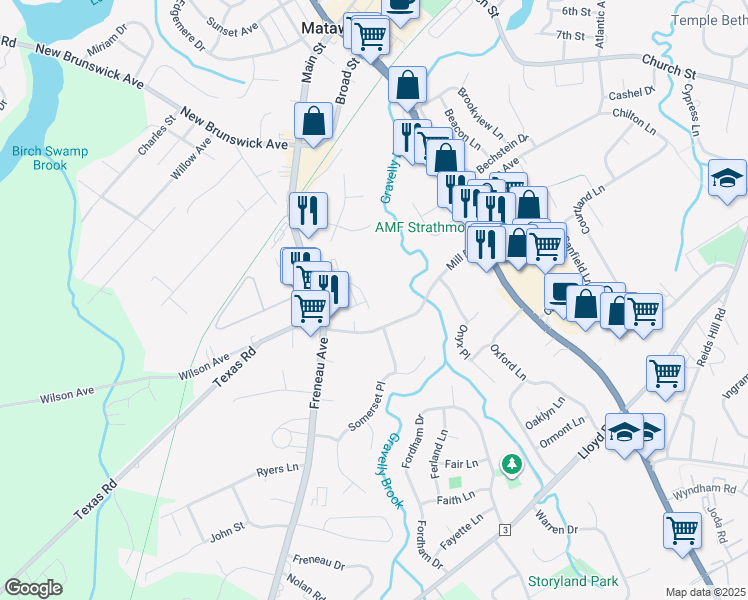 map of restaurants, bars, coffee shops, grocery stores, and more near 611 Sloan Court in Matawan
