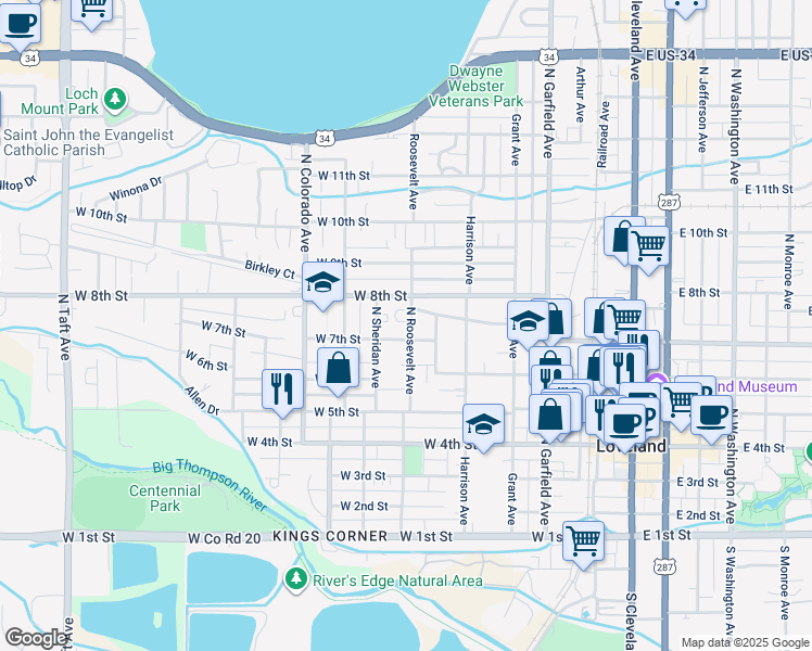 map of restaurants, bars, coffee shops, grocery stores, and more near 740 North Sheridan Avenue in Loveland