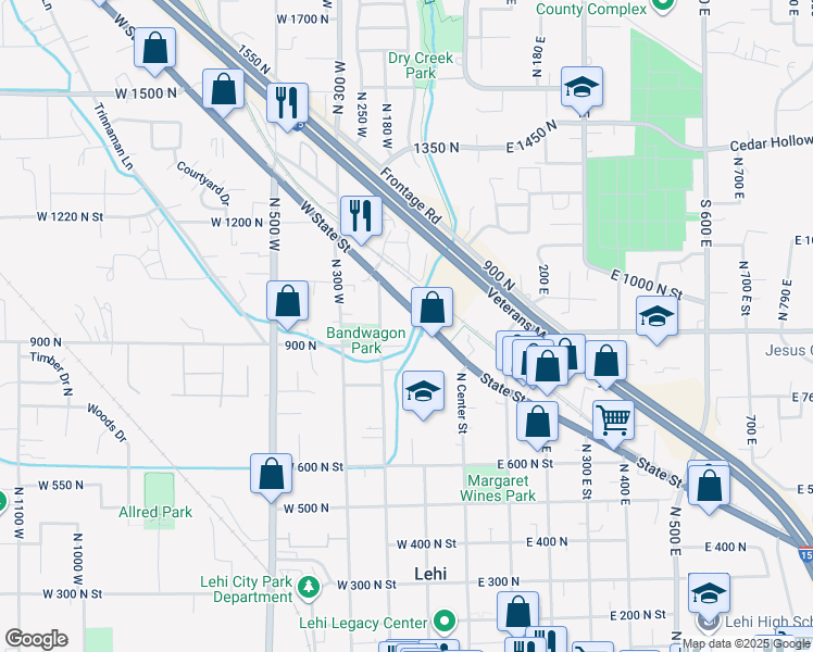 map of restaurants, bars, coffee shops, grocery stores, and more near 157 West State Road in Lehi