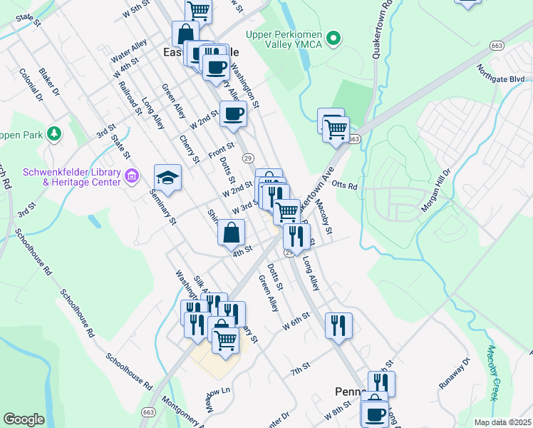 map of restaurants, bars, coffee shops, grocery stores, and more near 321 Main Street in Pennsburg