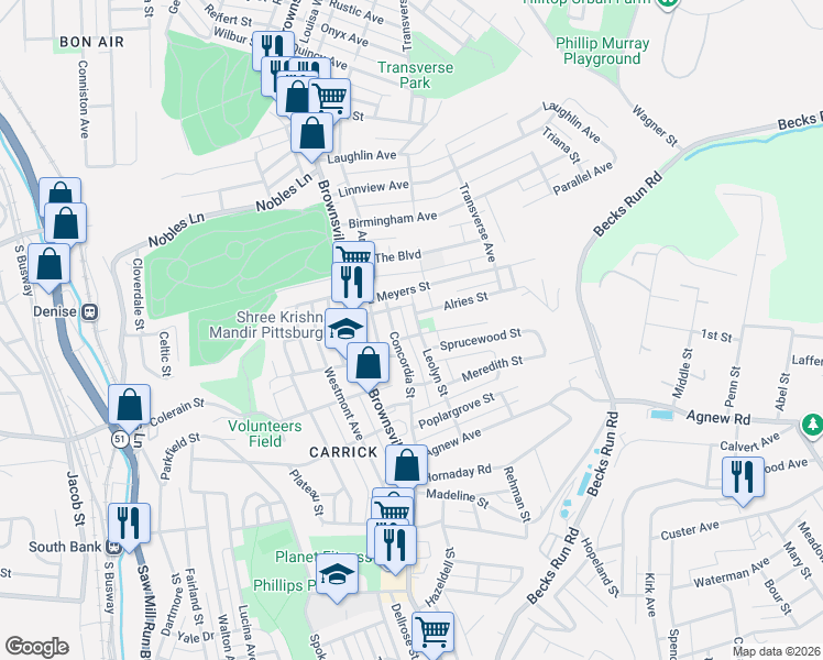 map of restaurants, bars, coffee shops, grocery stores, and more near 1623 Leolyn Street in Pittsburgh