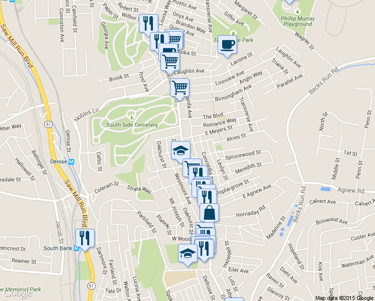 map of restaurants, bars, coffee shops, grocery stores, and more near 1607 Brownsville Road in Pittsburgh