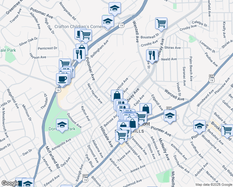 map of restaurants, bars, coffee shops, grocery stores, and more near 2823 Louisiana Avenue in Pittsburgh