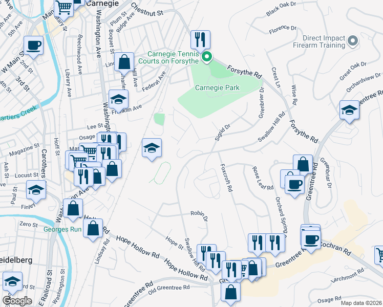 map of restaurants, bars, coffee shops, grocery stores, and more near 161 Grienbrier Drive in Carnegie