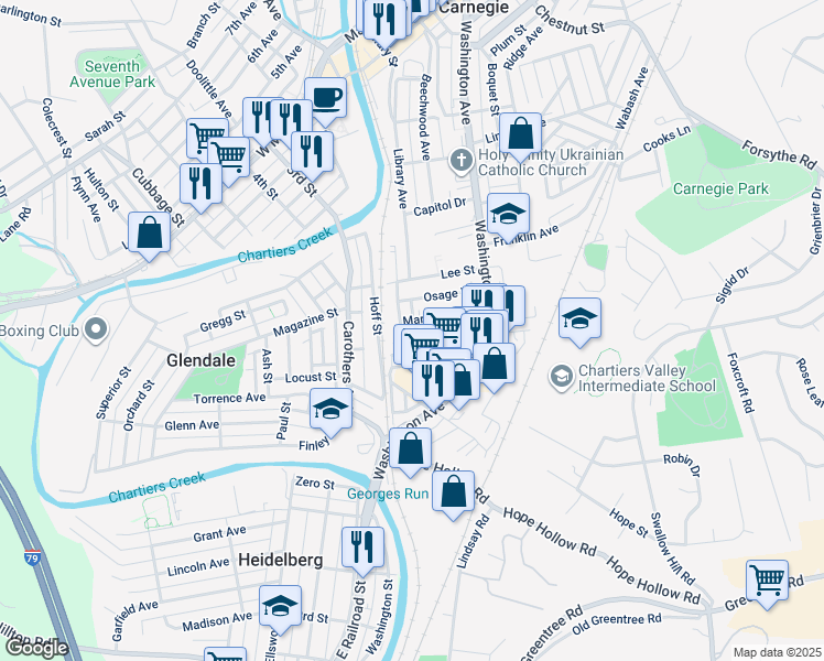 map of restaurants, bars, coffee shops, grocery stores, and more near 924 Kennedy Street in Carnegie