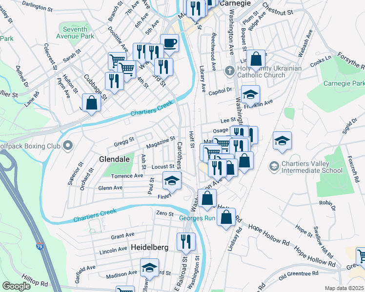 map of restaurants, bars, coffee shops, grocery stores, and more near 505 Carothers Avenue in Carnegie