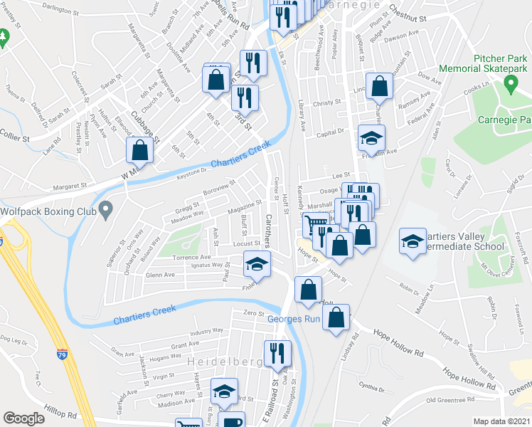 map of restaurants, bars, coffee shops, grocery stores, and more near 505 Carothers Avenue in Carnegie