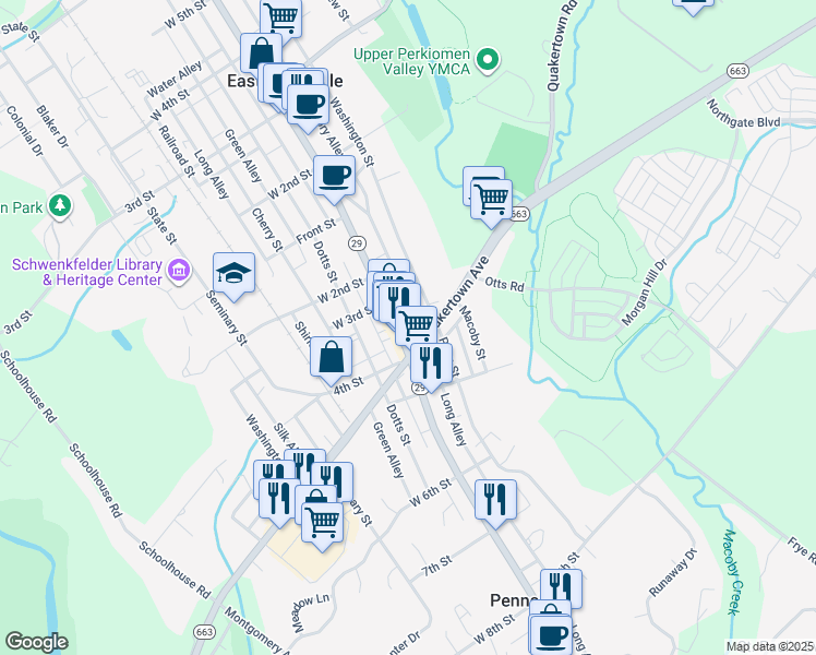 map of restaurants, bars, coffee shops, grocery stores, and more near 817 Quakertown Avenue in Pennsburg