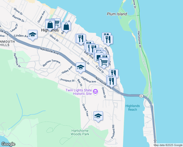map of restaurants, bars, coffee shops, grocery stores, and more near 47 Shore Drive in Highlands