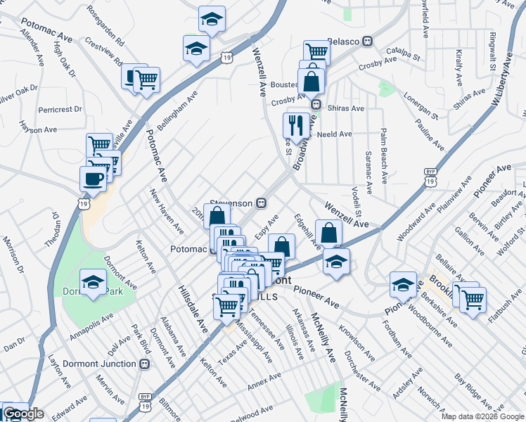 map of restaurants, bars, coffee shops, grocery stores, and more near 2728 Broadway Avenue in Pittsburgh