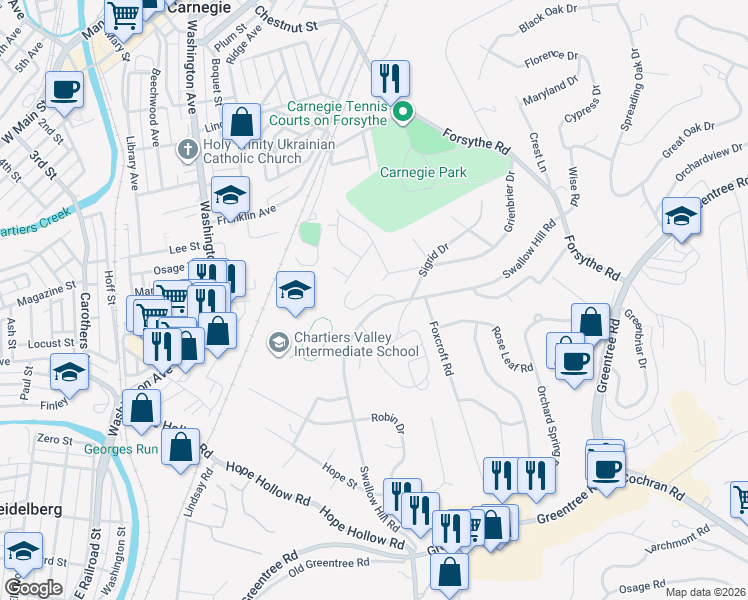 map of restaurants, bars, coffee shops, grocery stores, and more near 161 Grienbrier Drive in Carnegie