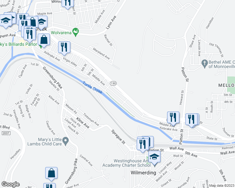 map of restaurants, bars, coffee shops, grocery stores, and more near 730 Middle Avenue in Wilmerding