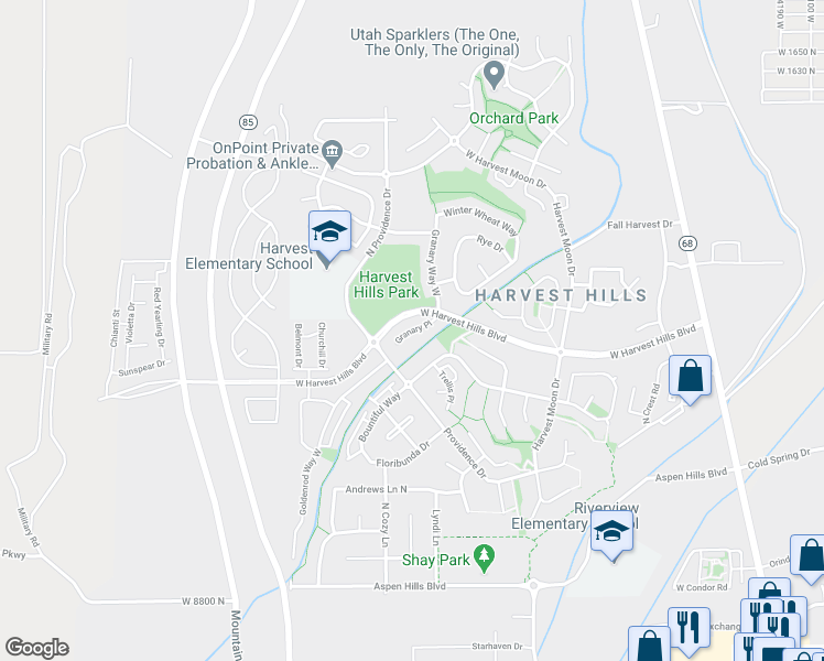 map of restaurants, bars, coffee shops, grocery stores, and more near Granary Place in Saratoga Springs