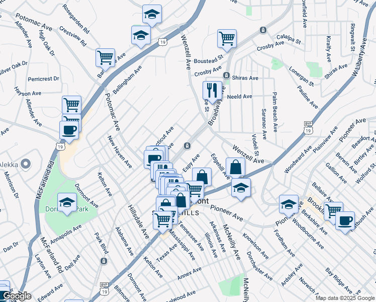 map of restaurants, bars, coffee shops, grocery stores, and more near 2727 Broadway Avenue in Pittsburgh