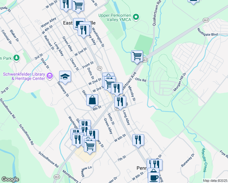map of restaurants, bars, coffee shops, grocery stores, and more near 817 Quakertown Avenue in Pennsburg