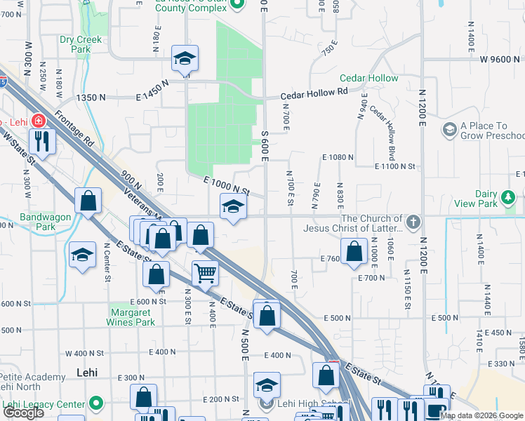 map of restaurants, bars, coffee shops, grocery stores, and more near 595 East 900 North Street in Lehi
