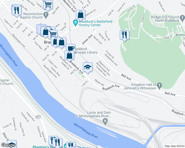 map of restaurants, bars, coffee shops, grocery stores, and more near 426 Frazier Street in Braddock