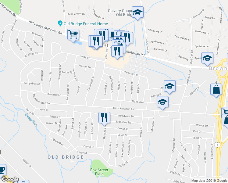 map of restaurants, bars, coffee shops, grocery stores, and more near 28 Buttonwood Drive in Old Bridge Township