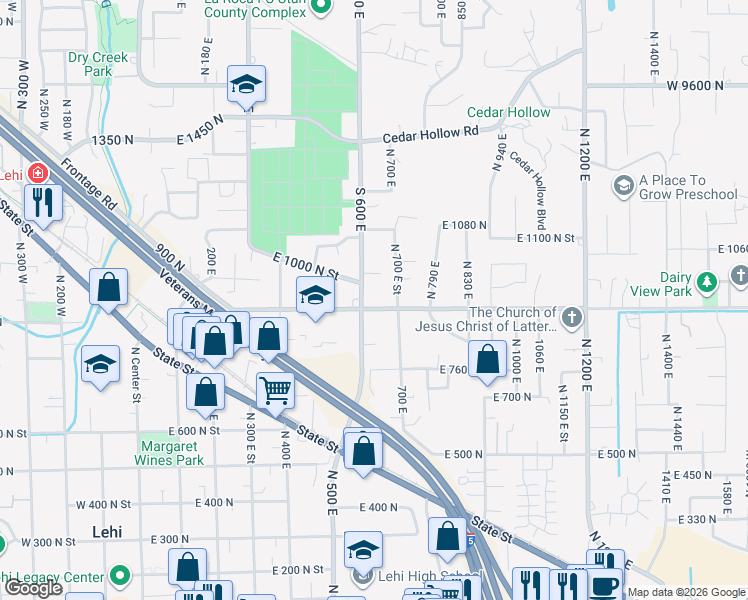map of restaurants, bars, coffee shops, grocery stores, and more near 945 North 600 East Street in Lehi
