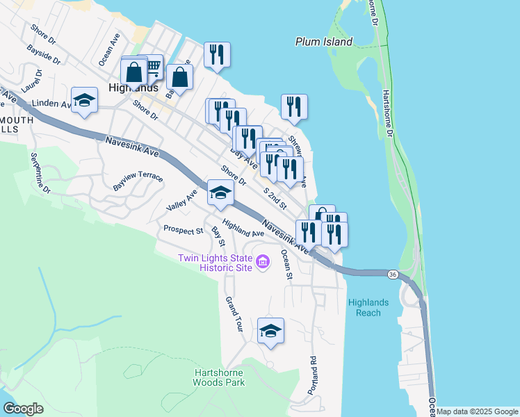 map of restaurants, bars, coffee shops, grocery stores, and more near 47 Shore Drive in Highlands