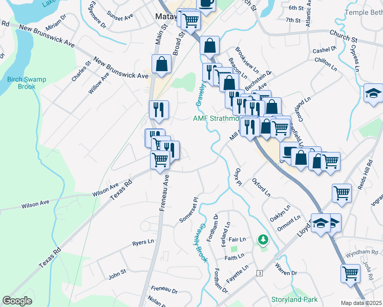 map of restaurants, bars, coffee shops, grocery stores, and more near 611 Sloan Court in Matawan