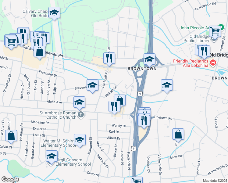 map of restaurants, bars, coffee shops, grocery stores, and more near 18 Rittner Lane in Old Bridge