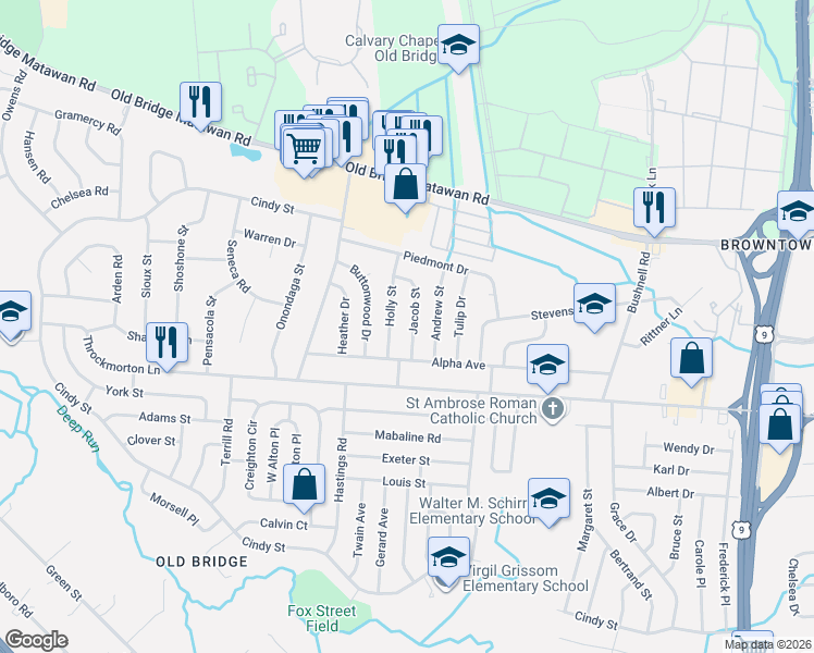 map of restaurants, bars, coffee shops, grocery stores, and more near 19 Holly Street in Old Bridge Township