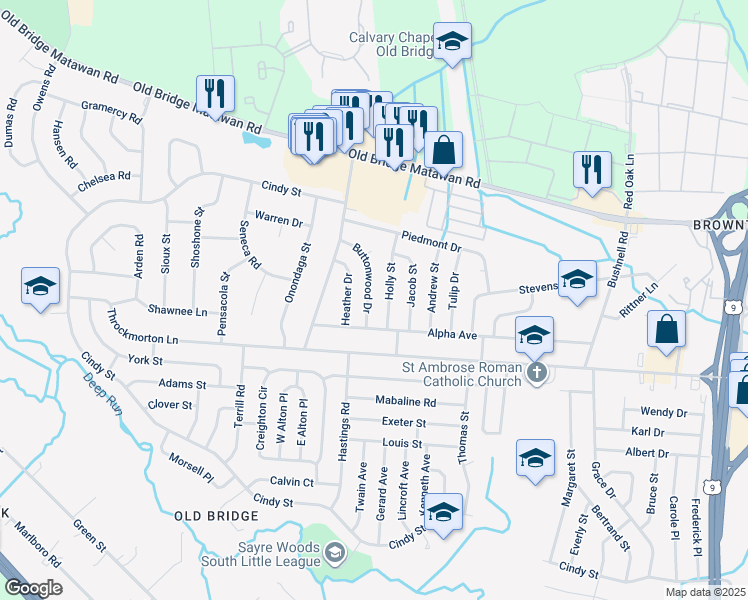 map of restaurants, bars, coffee shops, grocery stores, and more near 28 Buttonwood Drive in Old Bridge Township