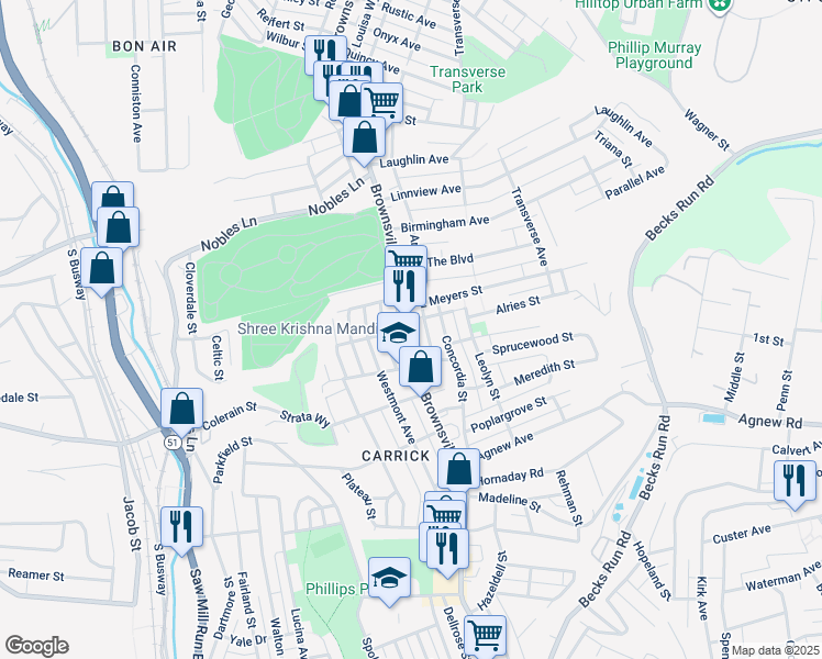 map of restaurants, bars, coffee shops, grocery stores, and more near 1607 Brownsville Road in Pittsburgh