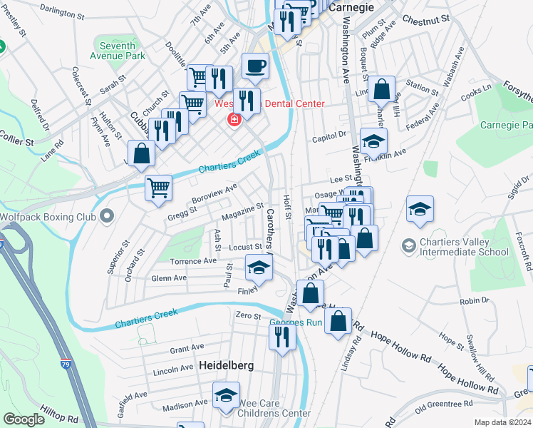 map of restaurants, bars, coffee shops, grocery stores, and more near 505 Carothers Avenue in Carnegie