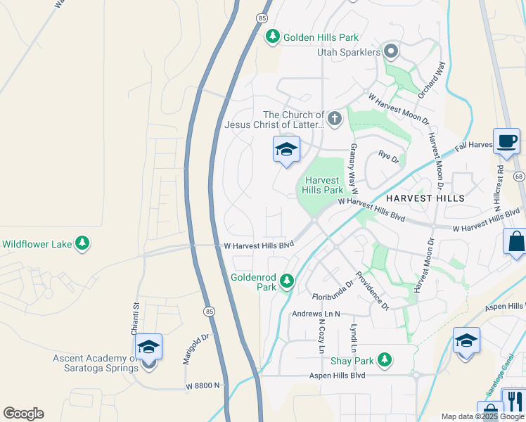 map of restaurants, bars, coffee shops, grocery stores, and more near 2043 Belmont Drive in Saratoga Springs