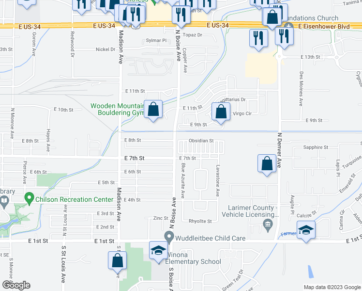map of restaurants, bars, coffee shops, grocery stores, and more near 767 Blue Azurite Avenue in Loveland