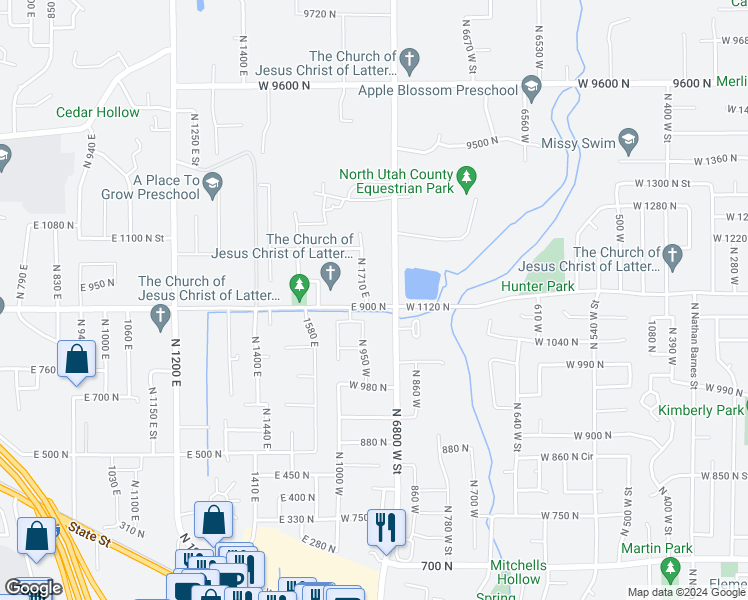 map of restaurants, bars, coffee shops, grocery stores, and more near 1729 East 900 North in Lehi