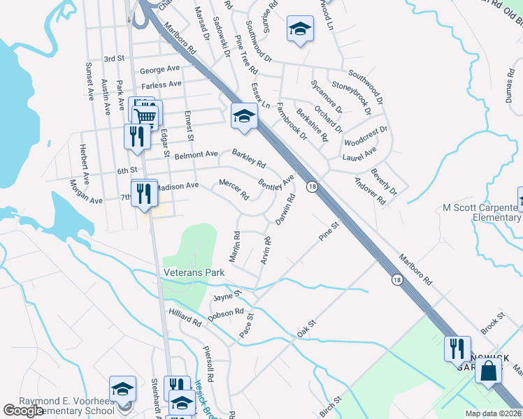 map of restaurants, bars, coffee shops, grocery stores, and more near 33 Mercer Road in Old Bridge