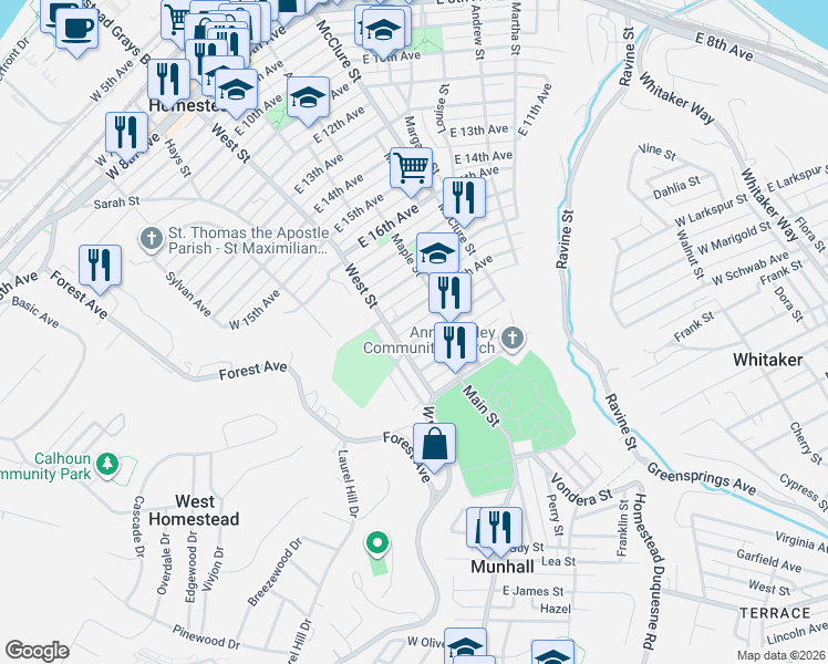 map of restaurants, bars, coffee shops, grocery stores, and more near 118 East 19th Avenue in Munhall
