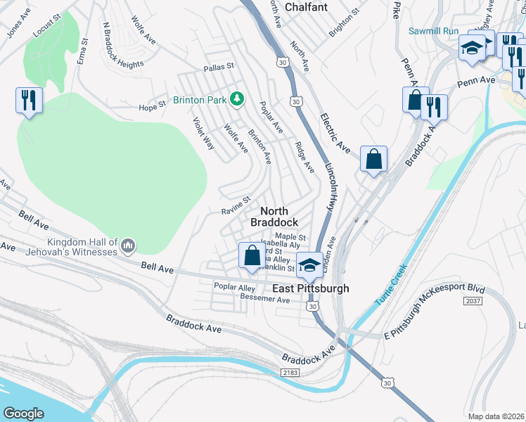 map of restaurants, bars, coffee shops, grocery stores, and more near 1716 Terrace Street in Braddock