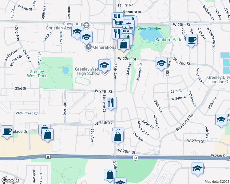 map of restaurants, bars, coffee shops, grocery stores, and more near 2401 35th Avenue in Greeley