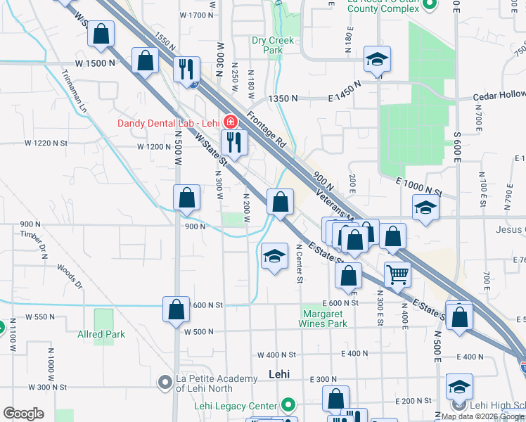 map of restaurants, bars, coffee shops, grocery stores, and more near 155 West State Street in Lehi
