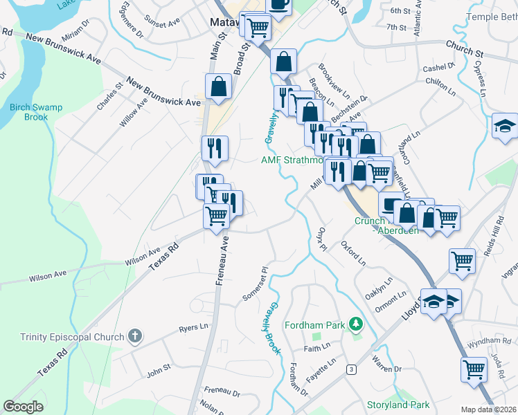 map of restaurants, bars, coffee shops, grocery stores, and more near 611 Sloan Court in Matawan