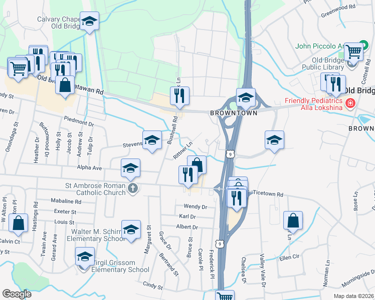 map of restaurants, bars, coffee shops, grocery stores, and more near 18 Rittner Lane in Old Bridge