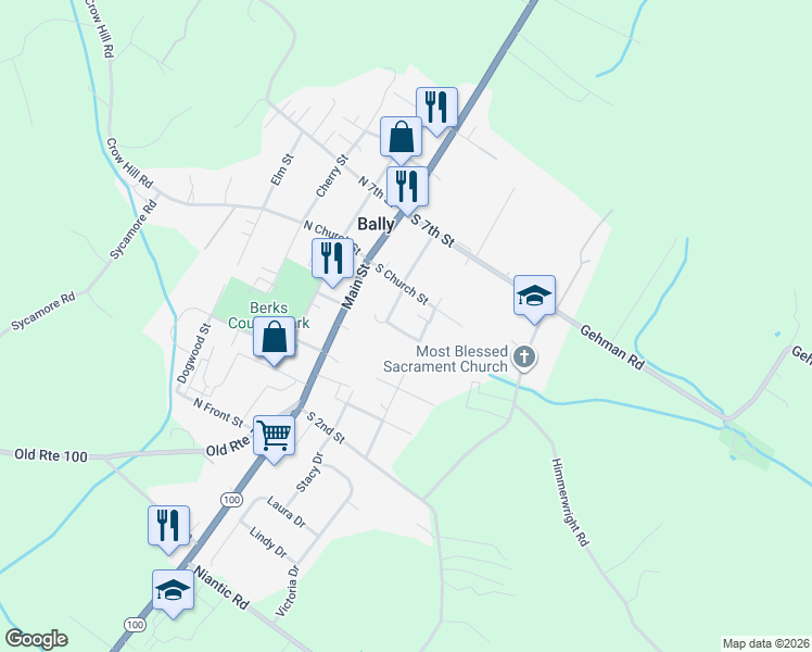 map of restaurants, bars, coffee shops, grocery stores, and more near 520 Walnut Street in Bally