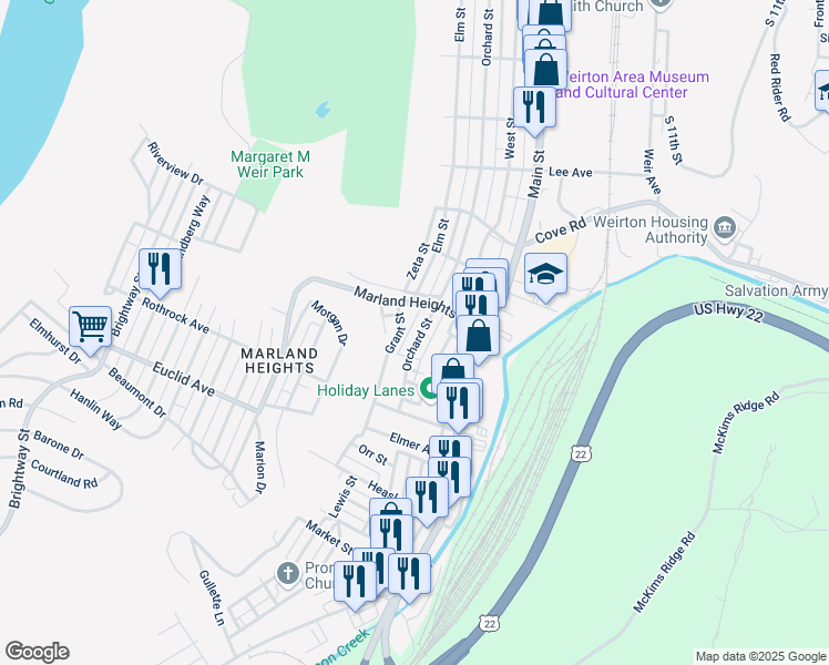 map of restaurants, bars, coffee shops, grocery stores, and more near 3625 Orchard Street in Weirton