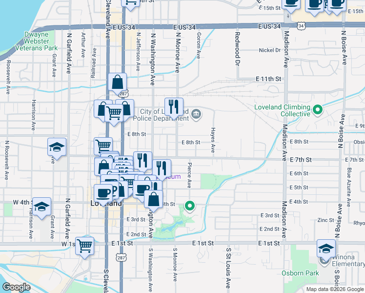 map of restaurants, bars, coffee shops, grocery stores, and more near 729 East 8th Street in Loveland