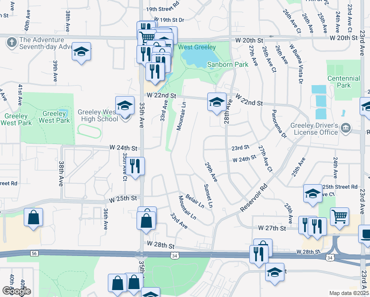 map of restaurants, bars, coffee shops, grocery stores, and more near 2400 Mountair Lane in Greeley