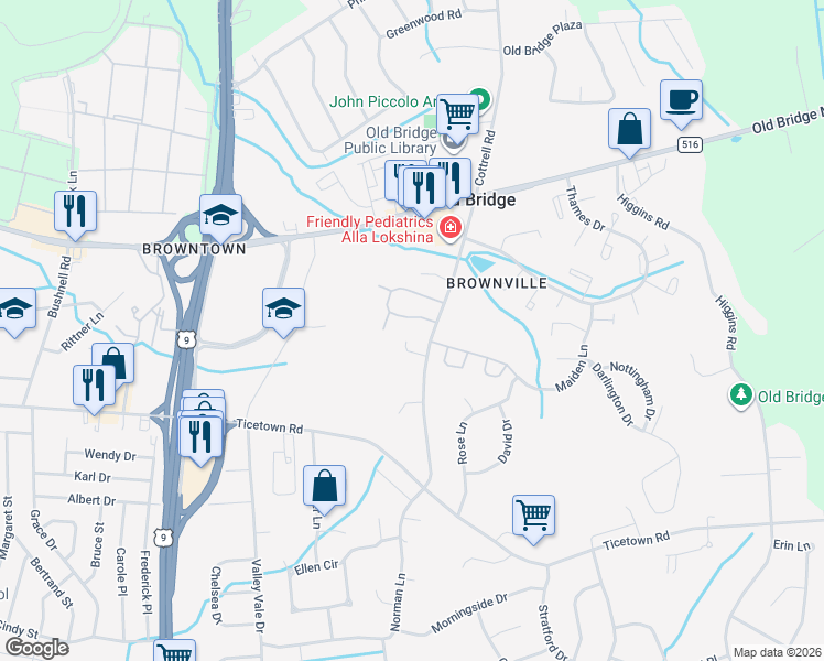 map of restaurants, bars, coffee shops, grocery stores, and more near 2 Lindsey Circle in Old Bridge