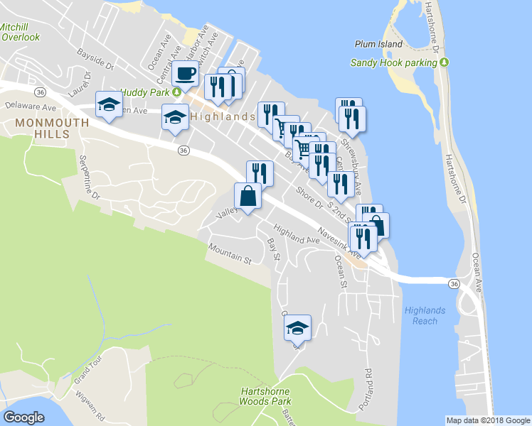 map of restaurants, bars, coffee shops, grocery stores, and more near 120 Miller Street in Highlands
