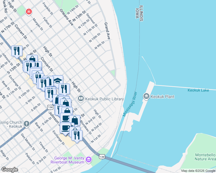 map of restaurants, bars, coffee shops, grocery stores, and more near 429 Franklin Street in Keokuk