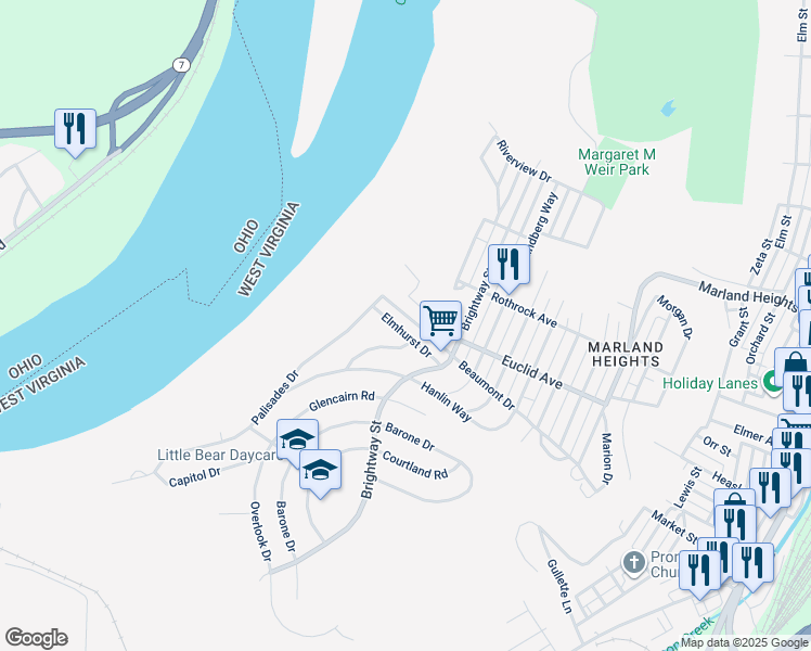 map of restaurants, bars, coffee shops, grocery stores, and more near 1244 Elmhurst Drive in Weirton
