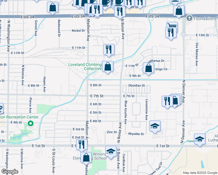 map of restaurants, bars, coffee shops, grocery stores, and more near 1504 East 8th Street in Loveland